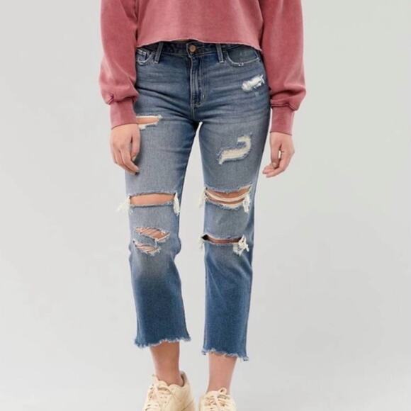 Hollister High Rise Slim Straight Jeans Distressed Raw Hem Ankle Length Women 28 - Picture 1 of 14